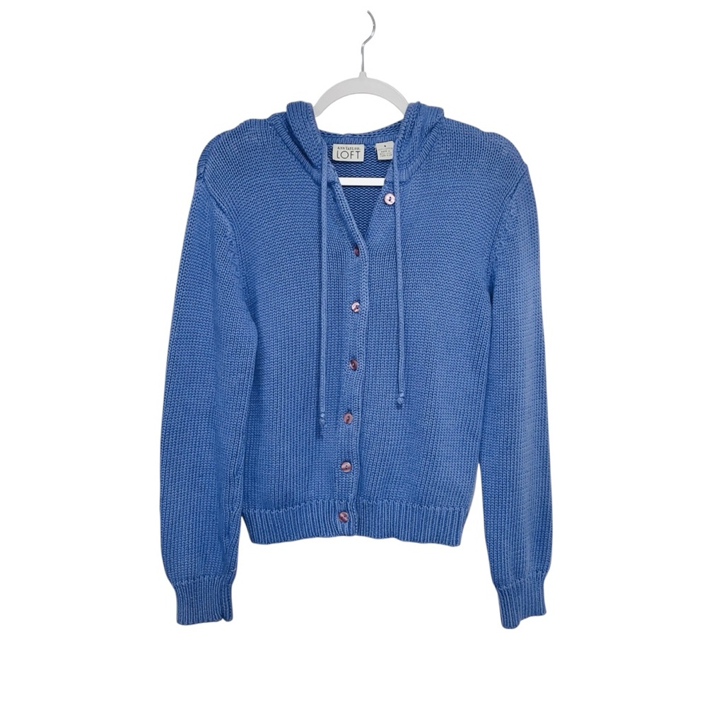 Vintage LOFT Periwinkle Blue 100% Cotton Button-Up Hoodie Cardigan 90s